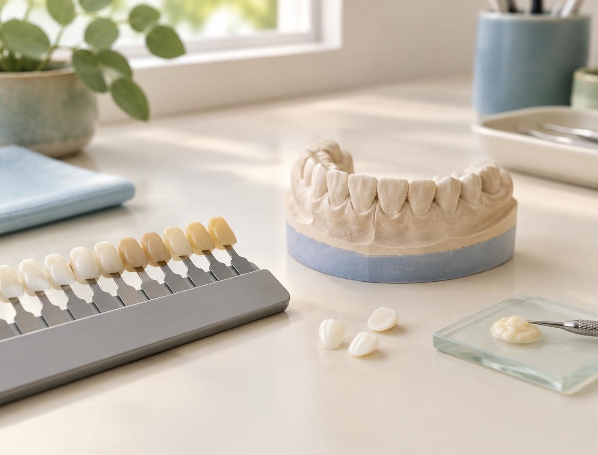 Dental shade guide, tooth model, and ceramic restorations used in cosmetic planning