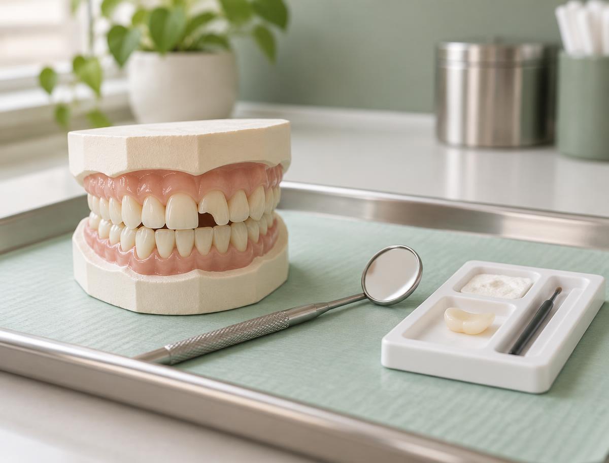 Chipped-tooth model and dental mirror prepared for an emergency evaluation