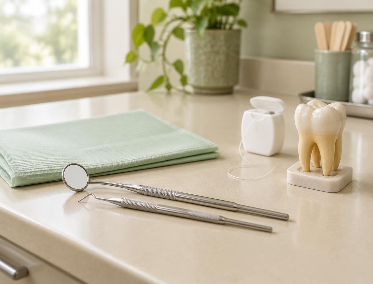 Dental mirror, explorer, floss, and tooth model prepared for preventive care