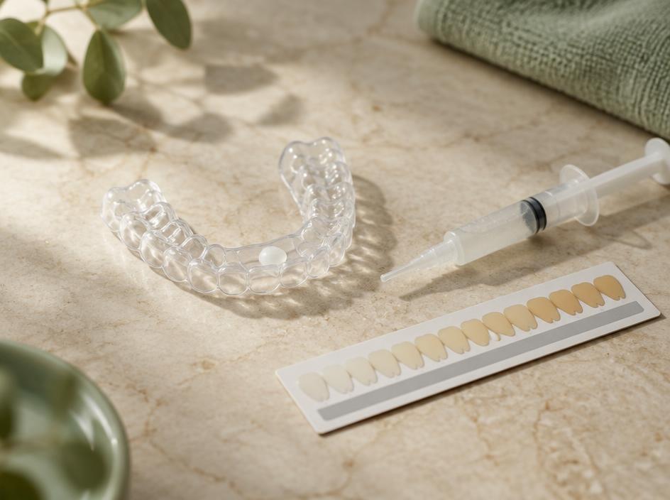 Custom clear whitening tray with whitening gel beside a dental shade guide